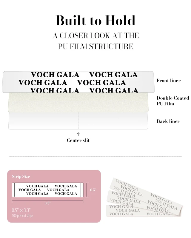 Alt view image 5 of 6 - Double Sided Tape for Clothes & Fashion, 100 Strips | Strong Hold, All-Day Secure Fit, Skin Friendly and Hypoallergenic, 1/2 x 3.3 Inch, PU Film