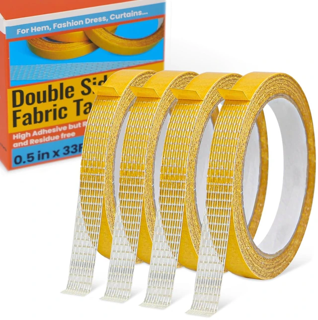Main image of Double Sided Tape for Hemming Pants, Clothes, Jeans,Curtains, Fabric Tape | No Sewing or Ironing, High Adhesive Sticky, 0.5 in x 33FT/10m x 4Rolls, Heavy Duty