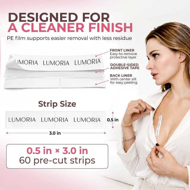 Alt view image 3 of 7 - Double Sided Body for Clothes (60 Pack) - Fashion & Fabric Adhesive, Perfect for Dress or Hem Support, Clear Body Tape for Skin, No-Residue & Strong Hold