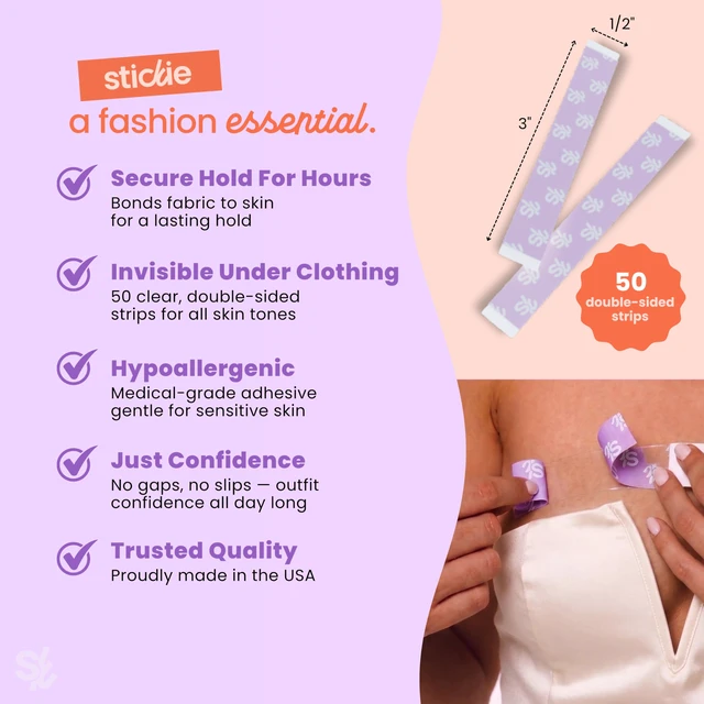 Alt view image 3 of 7 - Body Tape - Double Sided Fashion Tape for Women, Clothing & Body (50 Strips) | Clear Invisible Fabric Tape for Dresses, Strapless & Low-Cut Styles | Medical-Grade, All-Day Hold, Hypoallergenic