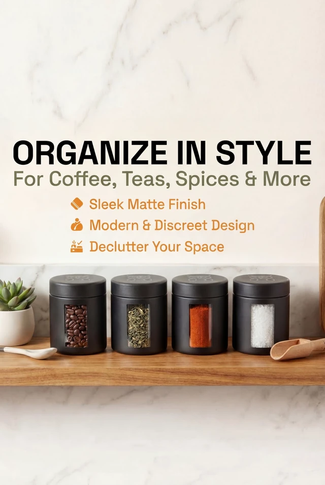 Alt view image 2 of 7 - Smell Proof Containers (120mL), Jars with Airtight Lids for Herbs, Spices, Coffee and Tea, Air Tight Glass Storage Jars with UV Protection Glass, (Set of 2) (Matte Black)