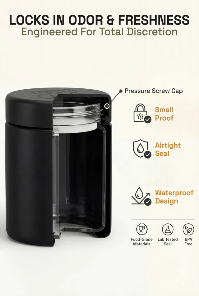 Alt view image 5 of 7 - Smell Proof Containers (120mL), Jars with Airtight Lids for Herbs, Spices, Coffee and Tea, Air Tight Glass Storage Jars with UV Protection Glass, (Set of 2) (Matte Black)