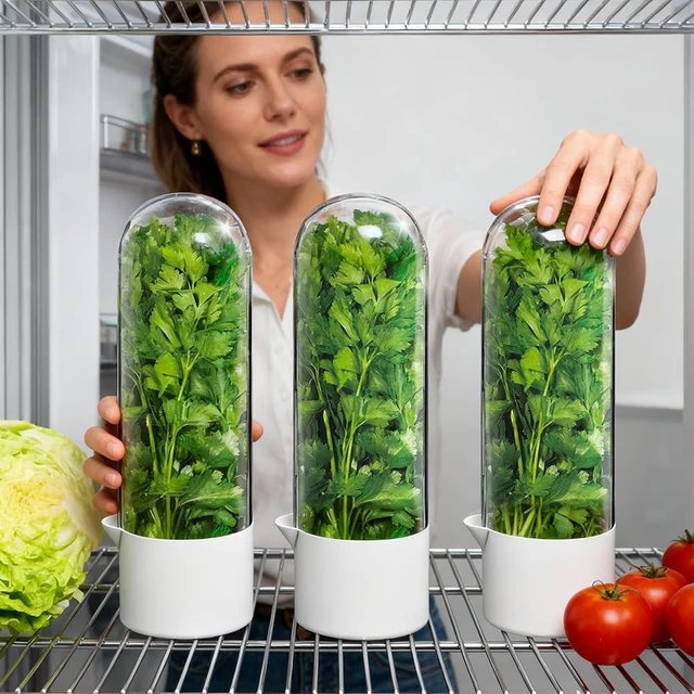 Alt view image 5 of 5 - 2 Pack Herb Keeper for Refrigerator, Clear BPA-Free Fresh Herb Saver | BPA-Free, Fridge Storage Container, For Cilantro, Parsley, Thyme, Mint & Asparagus, 2-3 Weeks Freshness