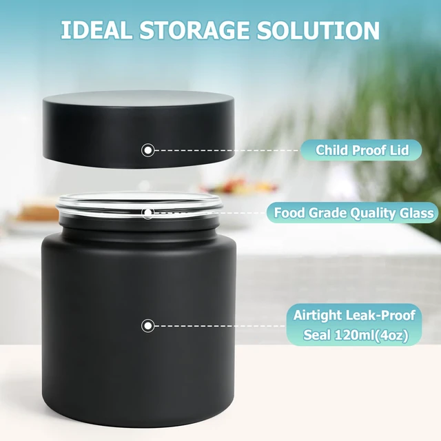 Alt view image 3 of 7 - Smell Proof Jar(4 oz),4 Pack Air Tight Herb Container,Thick UV Resistant Jar with Child-Resistant Lid,Black Glass Storage Jars for Coffee/Herb/Tea