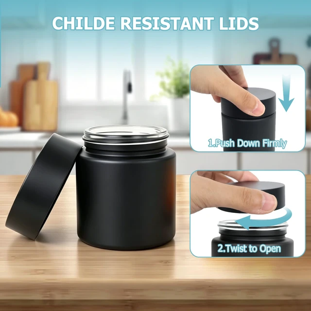 Alt view image 4 of 7 - Smell Proof Jar(4 oz),4 Pack Air Tight Herb Container,Thick UV Resistant Jar with Child-Resistant Lid,Black Glass Storage Jars for Coffee/Herb/Tea