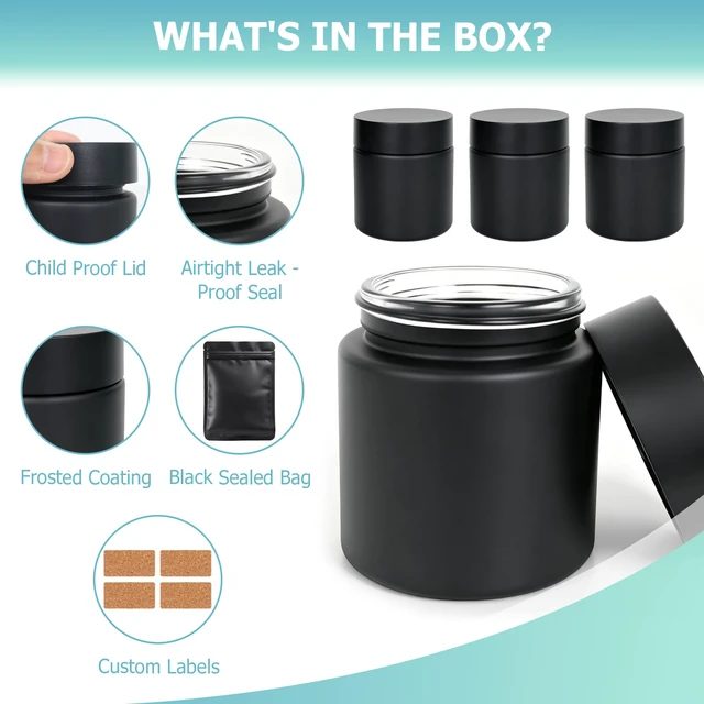 Alt view image 6 of 7 - Smell Proof Jar(4 oz),4 Pack Air Tight Herb Container,Thick UV Resistant Jar with Child-Resistant Lid,Black Glass Storage Jars for Coffee/Herb/Tea