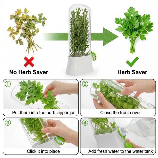 Alt view image 4 of 6 - 2 Pack Herb Saver for Refrigerator, Fresh Herb Keeper Preserver | Fresh Herbs Cilantro Container for Fridge, Parsley, Thyme, Mint, Asparagus, Easy to Use