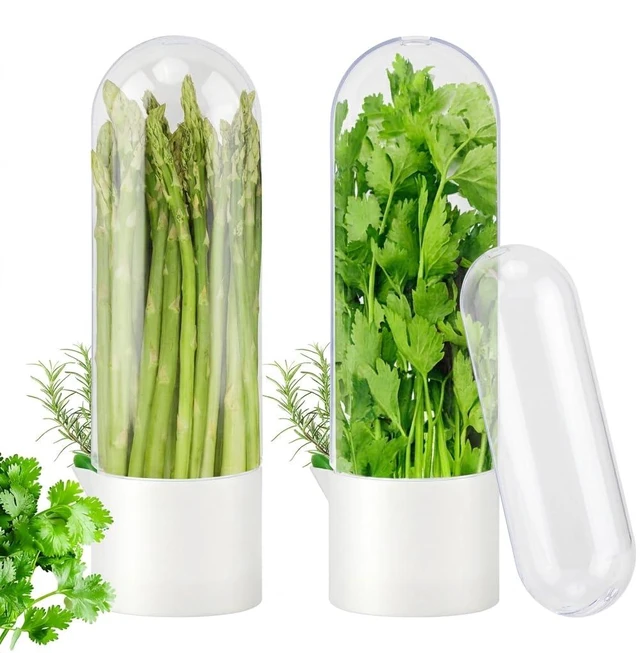 Main image of Herb Saver for Refrigerator, 2 Pack Cilantro Keeper Pods for Fridge | Slim upright herb pods with a water base, clear window, and fill cap for organized fridge door bin herb storage