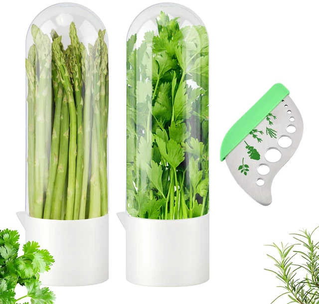 Main image of 2 Pack Herb Keeper for Refrigerator with Herb Stripper | Keeps Herbs Fresh 2-3 Weeks, For Cilantro Mint Parsley, Water Fill Design, Fridge Door Friendly, Includes Herb Stripper