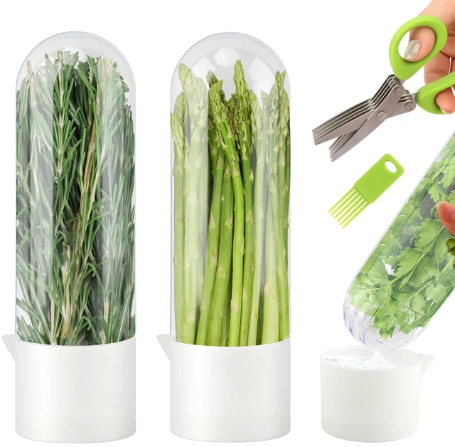 Main image of 2 Pack Herb Saver for Refrigerator with 5-Blade Herb Scissors | Fresh Herb Keeper Clear Preservation Bottle Cilantro Storage Container for Herbs Asparagus Mint Parsley Extends Freshness