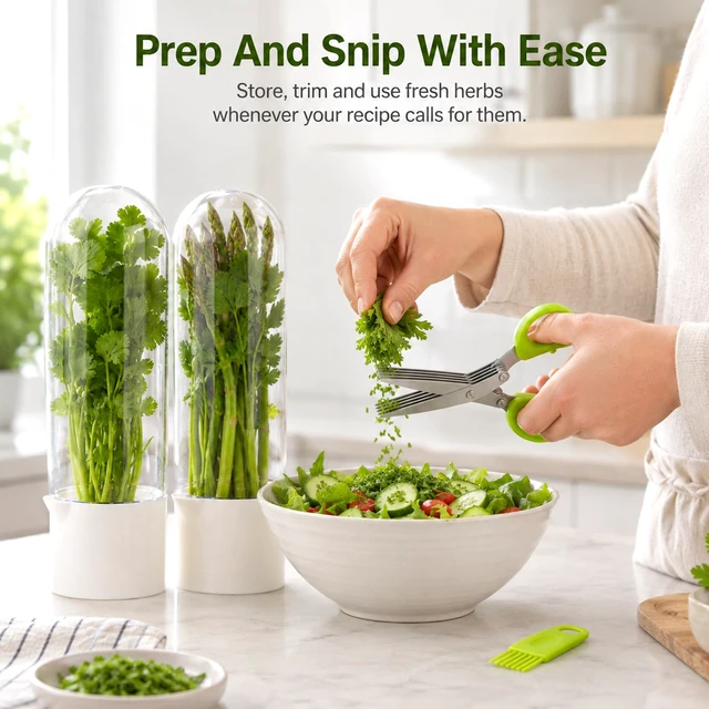 Alt view image 6 of 7 - 2 Pack Herb Saver for Refrigerator with 5-Blade Herb Scissors | Fresh Herb Keeper Clear Preservation Bottle Cilantro Storage Container for Herbs Asparagus Mint Parsley Extends Freshness