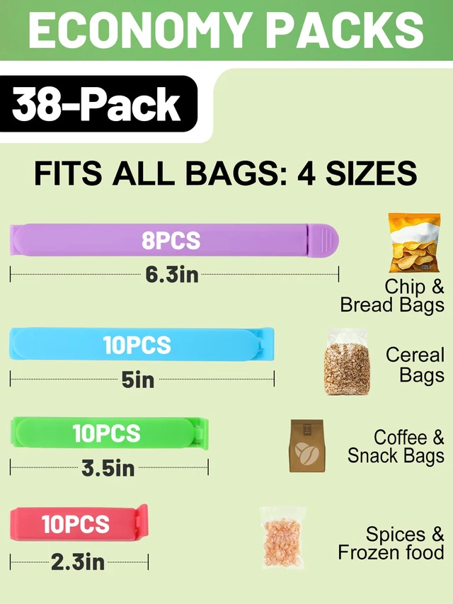 Alt view image 4 of 7 - 38Pcs 4 Sizes Colorful Chip Clips for Food Bag, Kitchen Essentials Gadgets | 2.3/3.5/5/6.3in, Handles Everything From Tiny to Large Bags, Good Sealing for Spice, Snacks, Coffee, Bread, Cookies Storage