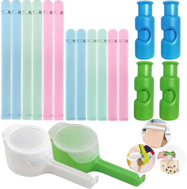 Main image of Bag Sealer Clips- Mix Pack: 12 Multisize Clips, 4 Squeeze-and-Lock for Bread Bags, 2 with Pour Spouts for Airtight Freshness and Spill-Free Storage