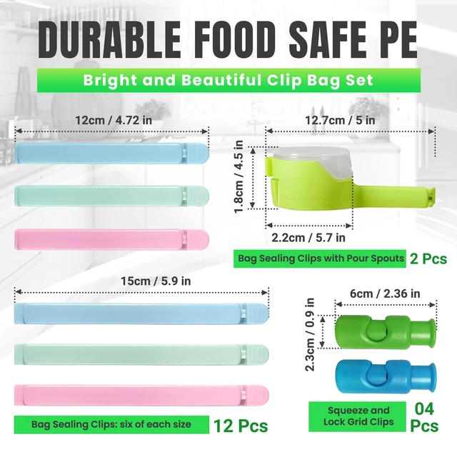 Alt view image 2 of 7 - Bag Sealer Clips- Mix Pack: 12 Multisize Clips, 4 Squeeze-and-Lock for Bread Bags, 2 with Pour Spouts for Airtight Freshness and Spill-Free Storage