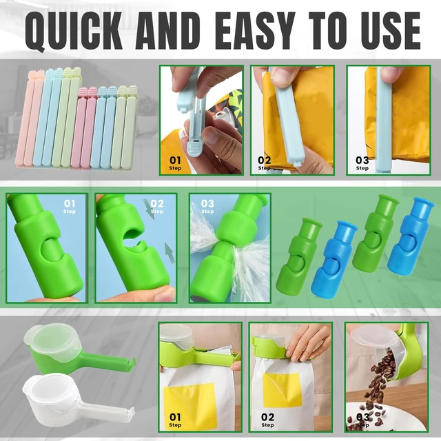 Alt view image 7 of 7 - Bag Sealer Clips- Mix Pack: 12 Multisize Clips, 4 Squeeze-and-Lock for Bread Bags, 2 with Pour Spouts for Airtight Freshness and Spill-Free Storage
