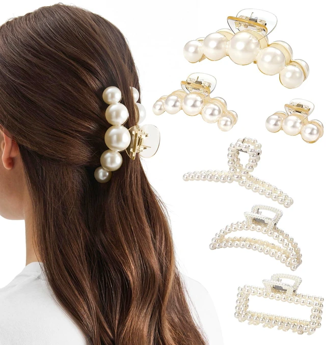 Main image of 6 PCS Pearl Hair Clips for Women Pearl Claw Clip for Hair | Large Hair Clip Pearl for Thin Thick Curly Hair Styling Strong Hold Nonslip Hair Accessories for Bridal Wedding