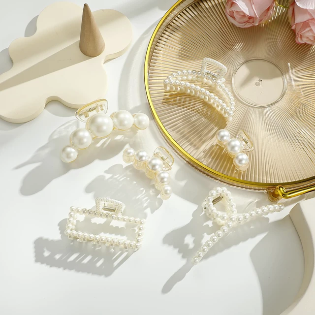 Alt view image 2 of 6 - 6 PCS Pearl Hair Clips for Women Pearl Claw Clip for Hair | Large Hair Clip Pearl for Thin Thick Curly Hair Styling Strong Hold Nonslip Hair Accessories for Bridal Wedding