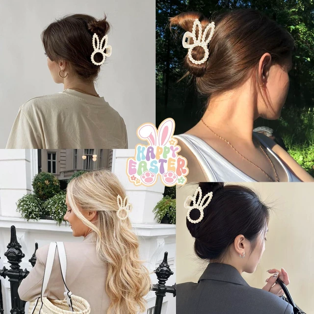 Alt view image 2 of 7 - 2Pcs Easter Hair Claw Clips Pearl Designs Rabbit Hair Clips Shark Clip Easter Hair Accessories Strong Grip Cute Bunny Hair Barrettes Medium Claw Clips for Women Daily Life and Festivals Styling