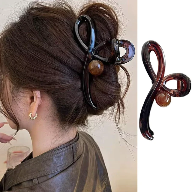 Main image of Brown Bowknot Hair Claw Clips for Women 1PCS Acrylic Large Hair Clips with Pearl Design Strong Hold Ribbon Bows Shape Shark Clamp Clips for Thick/Thin Hairs No-slips Hair Jaw Clip for Daily Hair Decor