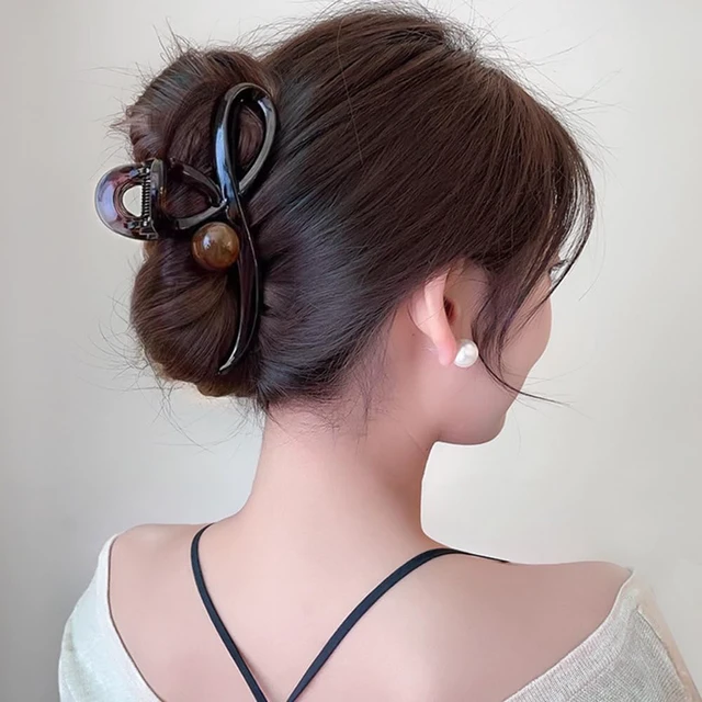 Alt view image 3 of 7 - Brown Bowknot Hair Claw Clips for Women 1PCS Acrylic Large Hair Clips with Pearl Design Strong Hold Ribbon Bows Shape Shark Clamp Clips for Thick/Thin Hairs No-slips Hair Jaw Clip for Daily Hair Decor