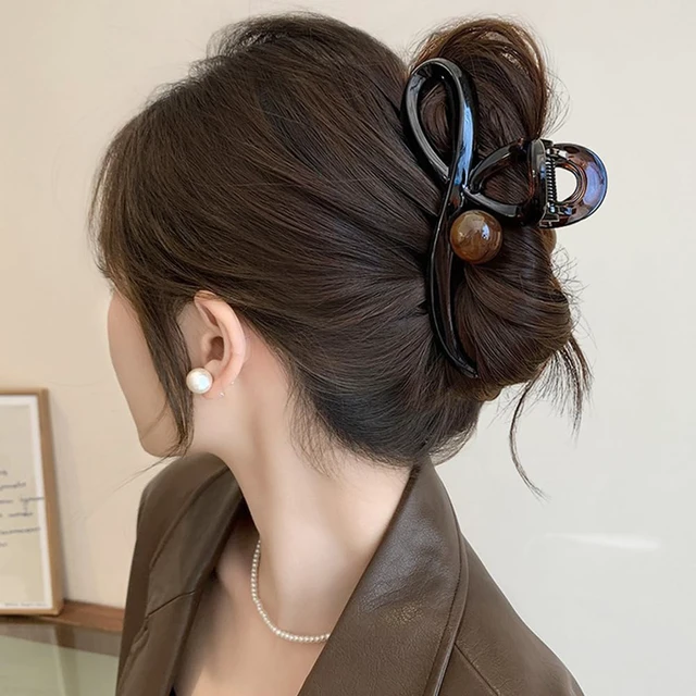 Alt view image 4 of 7 - Brown Bowknot Hair Claw Clips for Women 1PCS Acrylic Large Hair Clips with Pearl Design Strong Hold Ribbon Bows Shape Shark Clamp Clips for Thick/Thin Hairs No-slips Hair Jaw Clip for Daily Hair Decor