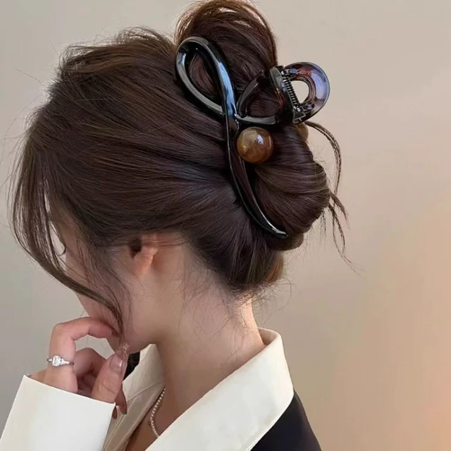 Alt view image 6 of 7 - Brown Bowknot Hair Claw Clips for Women 1PCS Acrylic Large Hair Clips with Pearl Design Strong Hold Ribbon Bows Shape Shark Clamp Clips for Thick/Thin Hairs No-slips Hair Jaw Clip for Daily Hair Decor