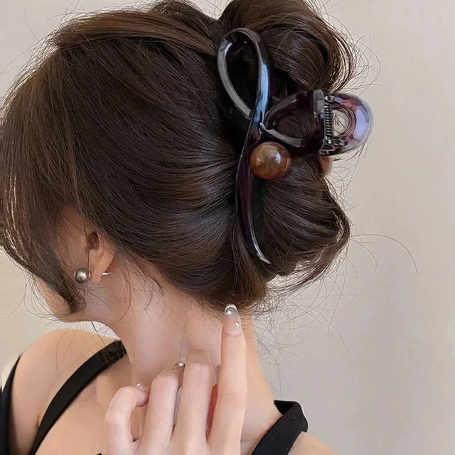 Alt view image 5 of 7 - Brown Bowknot Hair Claw Clips for Women 1PCS Acrylic Large Hair Clips with Pearl Design Strong Hold Ribbon Bows Shape Shark Clamp Clips for Thick/Thin Hairs No-slips Hair Jaw Clip for Daily Hair Decor
