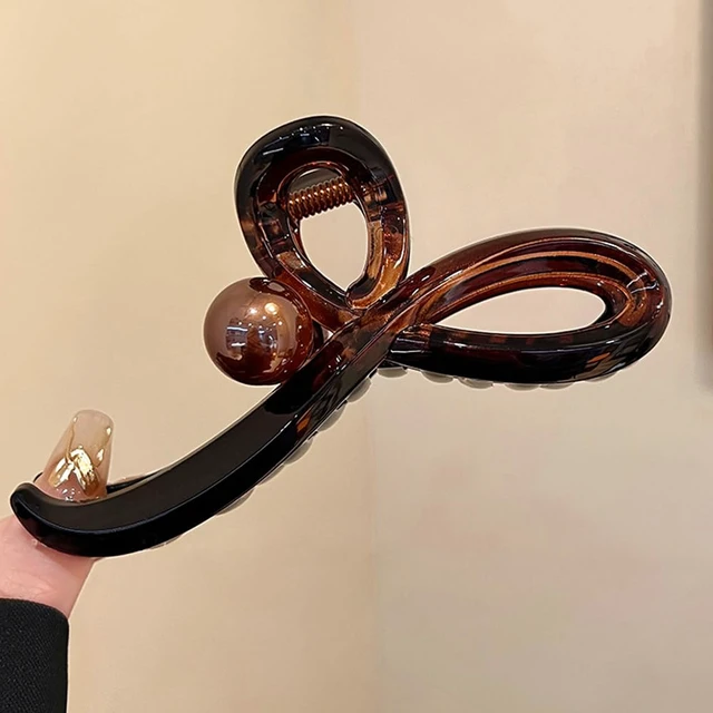 Alt view image 7 of 7 - Brown Bowknot Hair Claw Clips for Women 1PCS Acrylic Large Hair Clips with Pearl Design Strong Hold Ribbon Bows Shape Shark Clamp Clips for Thick/Thin Hairs No-slips Hair Jaw Clip for Daily Hair Decor