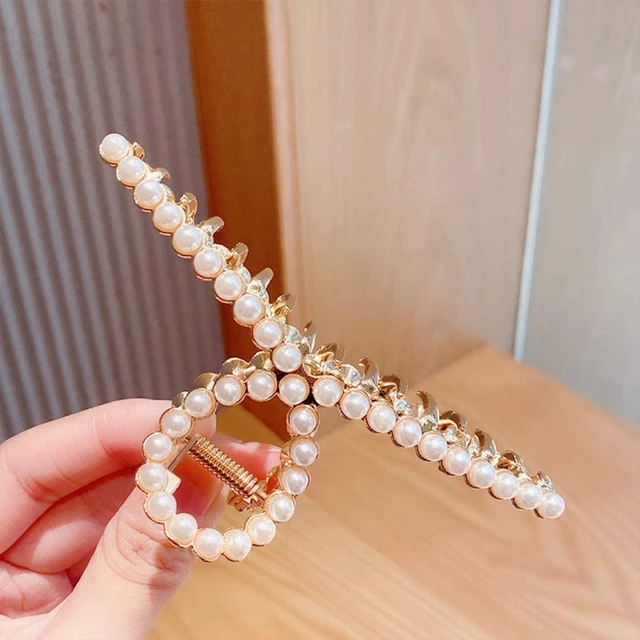 Alt view image 2 of 7 - Pearl Hair Claw Clips for Women, Strong Hold Nonslip Threaded Metal Gold Barrette for Hair Styling, Thick/Thin Hair Accessories - 1 Pack