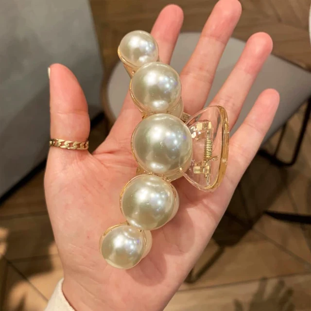 Alt view image 2 of 6 - Large Pearl Hair Claw Clips for Strong Hold - Nonslip Champagne Color Hair Jaw Clips for Thick/Thin Hair, Daily Fashion, Birthdays, Weddings - Women's Hair Clip Accessories