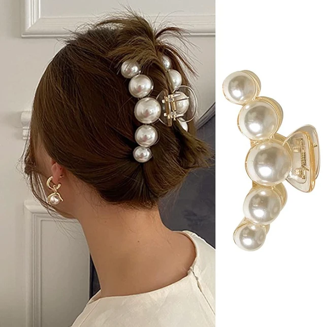 Main image of Large Pearl Hair Claw Clips for Strong Hold - Nonslip Champagne Color Hair Jaw Clips for Thick/Thin Hair, Daily Fashion, Birthdays, Weddings - Women's Hair Clip Accessories