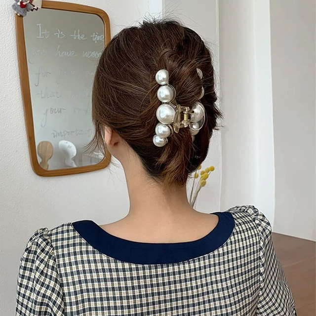 Alt view image 4 of 6 - Large Pearl Hair Claw Clips for Strong Hold - Nonslip Champagne Color Hair Jaw Clips for Thick/Thin Hair, Daily Fashion, Birthdays, Weddings - Women's Hair Clip Accessories