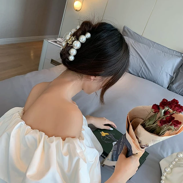 Alt view image 5 of 6 - Large Pearl Hair Claw Clips for Strong Hold - Nonslip Champagne Color Hair Jaw Clips for Thick/Thin Hair, Daily Fashion, Birthdays, Weddings - Women's Hair Clip Accessories