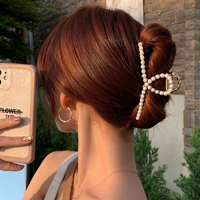 Alt view image 6 of 7 - Pearl Hair Claw Clips for Women, Strong Hold Nonslip Threaded Metal Gold Barrette for Hair Styling, Thick/Thin Hair Accessories - 1 Pack