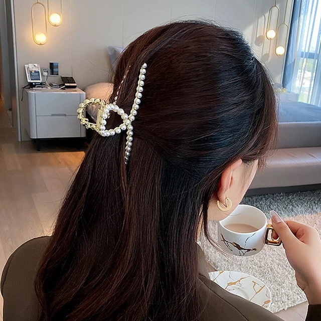 Alt view image 5 of 7 - Pearl Hair Claw Clips for Women, Strong Hold Nonslip Threaded Metal Gold Barrette for Hair Styling, Thick/Thin Hair Accessories - 1 Pack