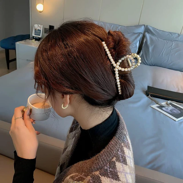 Alt view image 4 of 7 - Pearl Hair Claw Clips for Women, Strong Hold Nonslip Threaded Metal Gold Barrette for Hair Styling, Thick/Thin Hair Accessories - 1 Pack