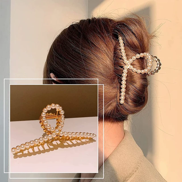 Alt view image 7 of 7 - Pearl Hair Claw Clips for Women, Strong Hold Nonslip Threaded Metal Gold Barrette for Hair Styling, Thick/Thin Hair Accessories - 1 Pack
