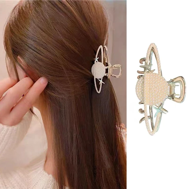 Main image of Cute Planet Hair Clips Gold Metal Hair Claw Clip Exquisite Pearls Shark Barrette with Stars Strong Hold Non-Slip Hair Jaw Clamps Fashion Hair Accessories for Women Thick or Thin Hair Decoration