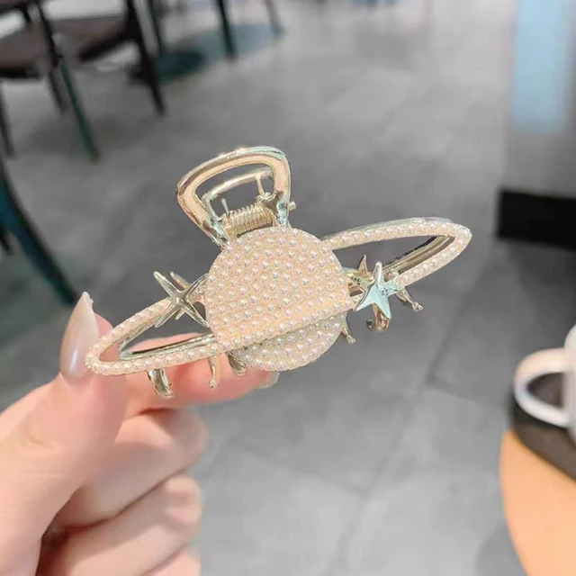 Alt view image 2 of 7 - Cute Planet Hair Clips Gold Metal Hair Claw Clip Exquisite Pearls Shark Barrette with Stars Strong Hold Non-Slip Hair Jaw Clamps Fashion Hair Accessories for Women Thick or Thin Hair Decoration