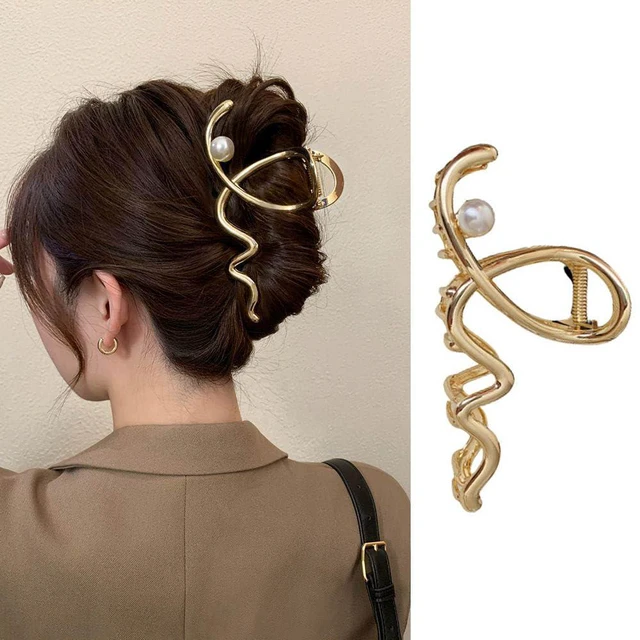 Main image of Women's Hair Accessories - Large Metal Claw Hair Clips with Gold Wave Pearl Design, Strong Hold, Non-Slip Barrette for Hair Styling
