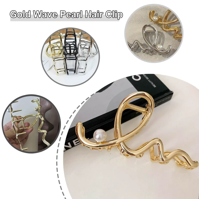 Alt view image 2 of 7 - Women's Hair Accessories - Large Metal Claw Hair Clips with Gold Wave Pearl Design, Strong Hold, Non-Slip Barrette for Hair Styling