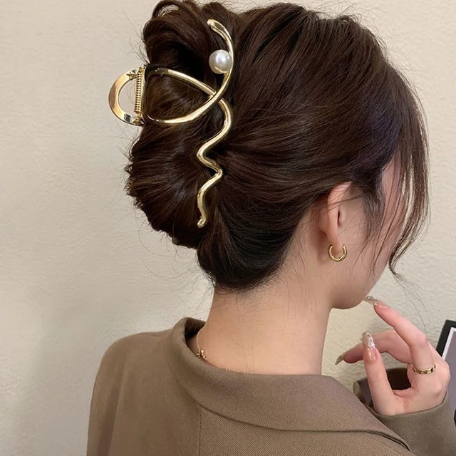 Alt view image 4 of 7 - Women's Hair Accessories - Large Metal Claw Hair Clips with Gold Wave Pearl Design, Strong Hold, Non-Slip Barrette for Hair Styling