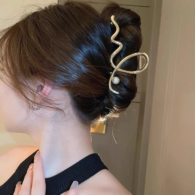 Alt view image 5 of 7 - Women's Hair Accessories - Large Metal Claw Hair Clips with Gold Wave Pearl Design, Strong Hold, Non-Slip Barrette for Hair Styling