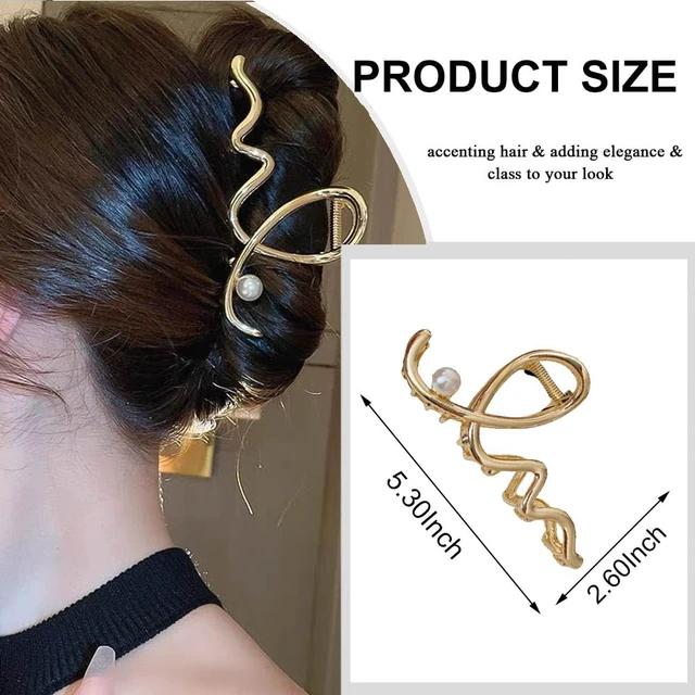 Alt view image 3 of 7 - Women's Hair Accessories - Large Metal Claw Hair Clips with Gold Wave Pearl Design, Strong Hold, Non-Slip Barrette for Hair Styling