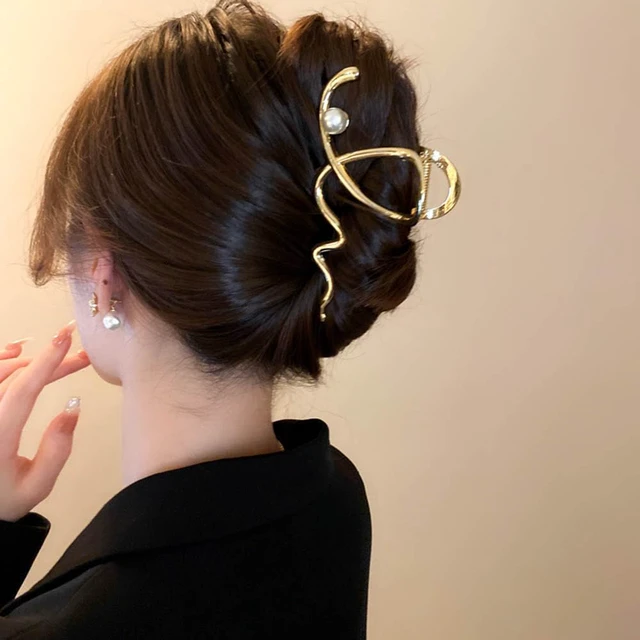 Alt view image 6 of 7 - Women's Hair Accessories - Large Metal Claw Hair Clips with Gold Wave Pearl Design, Strong Hold, Non-Slip Barrette for Hair Styling