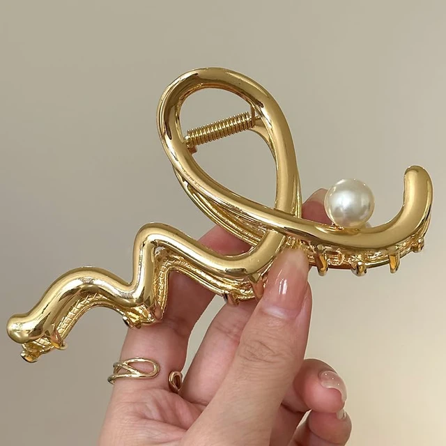 Alt view image 7 of 7 - Women's Hair Accessories - Large Metal Claw Hair Clips with Gold Wave Pearl Design, Strong Hold, Non-Slip Barrette for Hair Styling