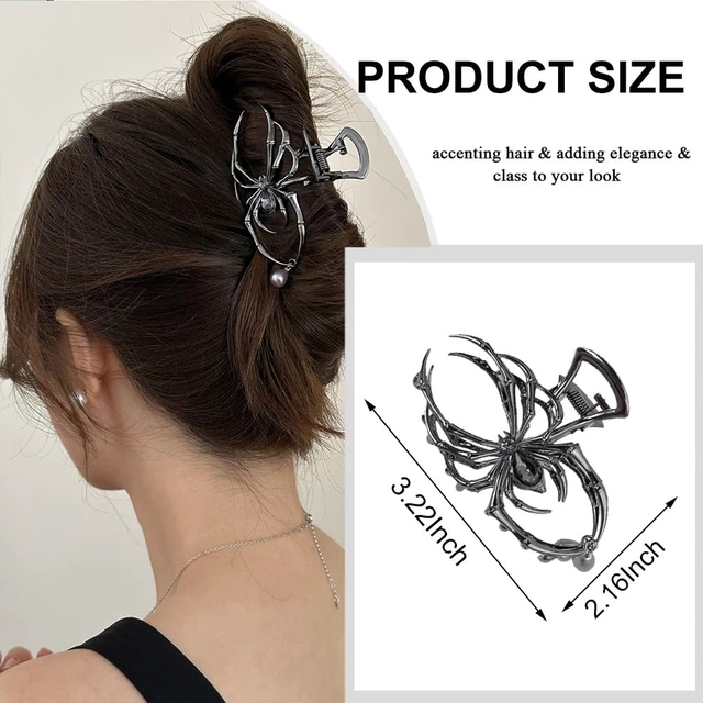 Alt view image 3 of 7 - 1Pack Spider Hair Claw Clips - Black Metal Spider Hair Accessories with Pearl Pendant Design - Strong Hold Large Shark Grip Clips - Gothic Halloween Party Supply