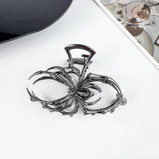 Alt view image 2 of 7 - 1Pack Spider Hair Claw Clips - Black Metal Spider Hair Accessories with Pearl Pendant Design - Strong Hold Large Shark Grip Clips - Gothic Halloween Party Supply