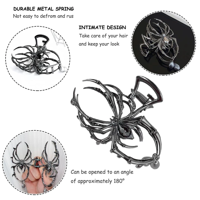Alt view image 4 of 7 - 1Pack Spider Hair Claw Clips - Black Metal Spider Hair Accessories with Pearl Pendant Design - Strong Hold Large Shark Grip Clips - Gothic Halloween Party Supply