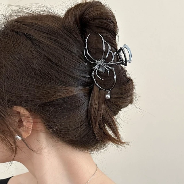 Alt view image 5 of 7 - 1Pack Spider Hair Claw Clips - Black Metal Spider Hair Accessories with Pearl Pendant Design - Strong Hold Large Shark Grip Clips - Gothic Halloween Party Supply